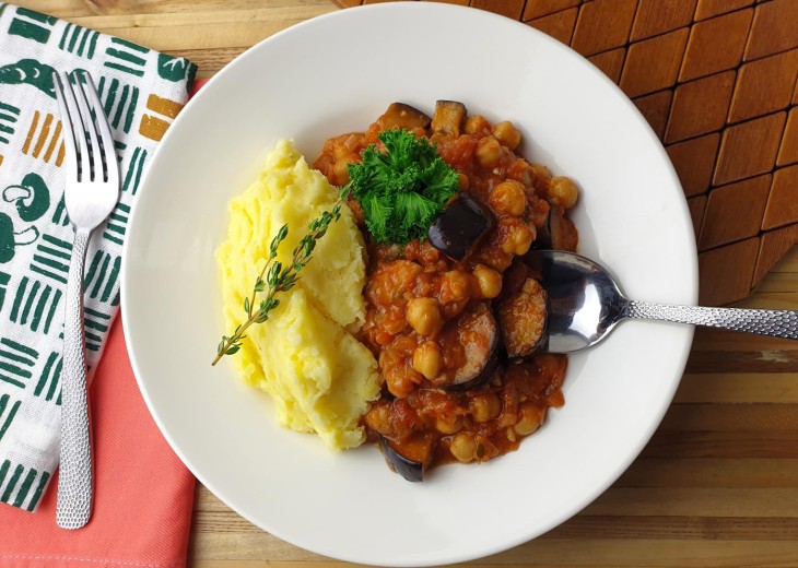 Tomato Poached Aubergine with Chickpeas and Kale